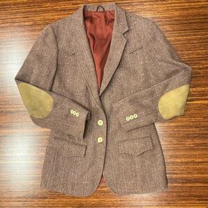 Vtg 70s 80s Equestrian Style Wool Tweed Blazer Brown Elbow Patch Jacket Sm/med 6
